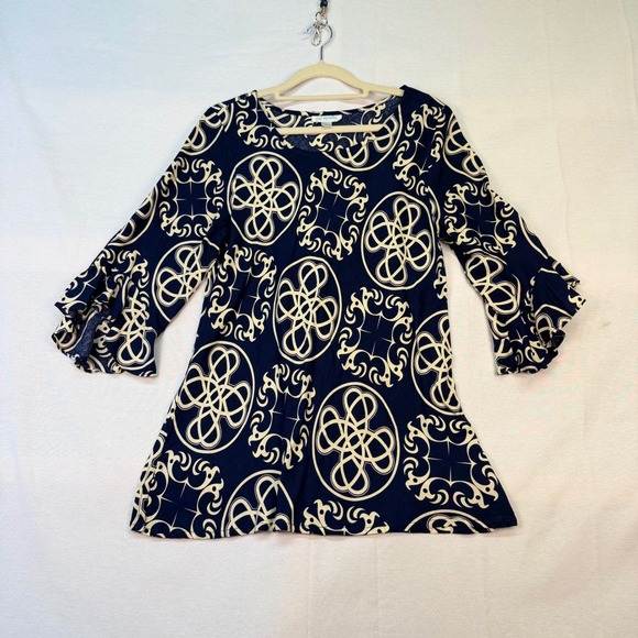 escapada Tops - Escapada Navy Blue Cream Geometric Scroll Ruffle Sleeve Tunic Top Rayon Medium